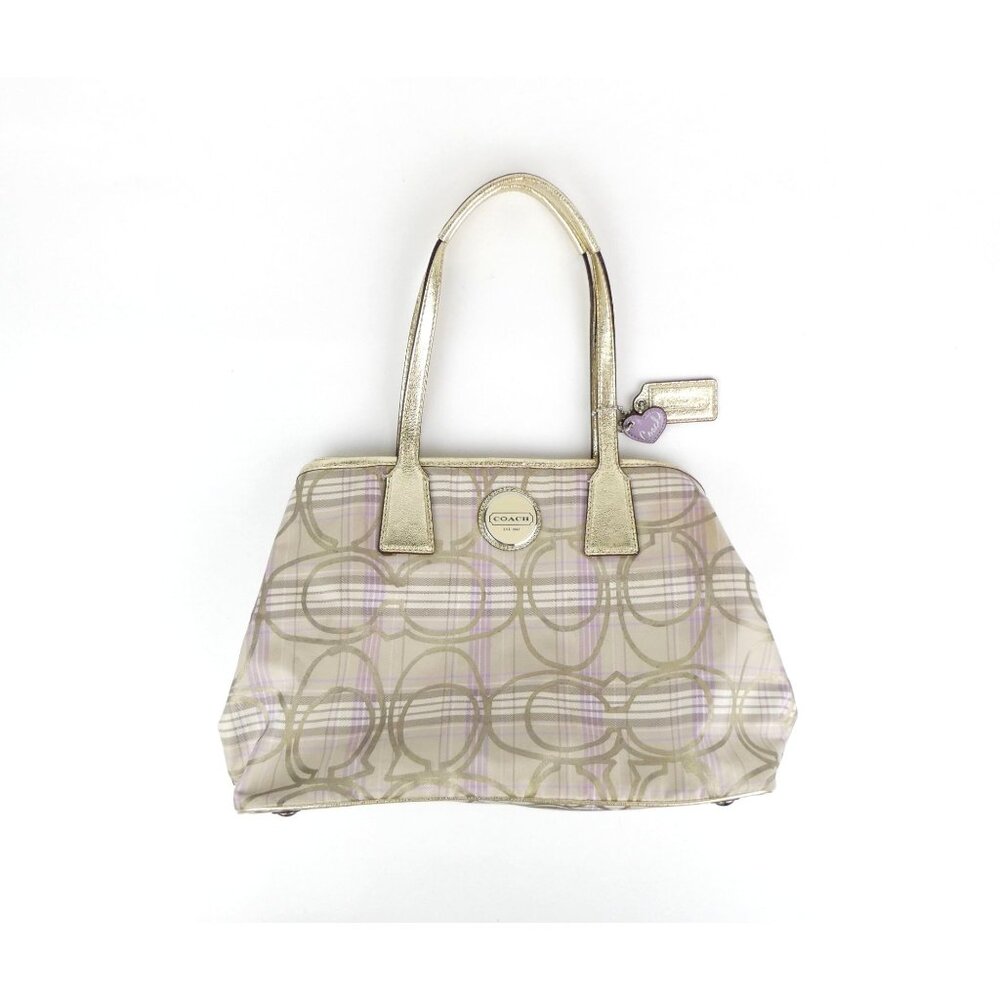 Coach Signature Khaki Purple Gold Plaid Kiss Lock Shoulder Bag F17213